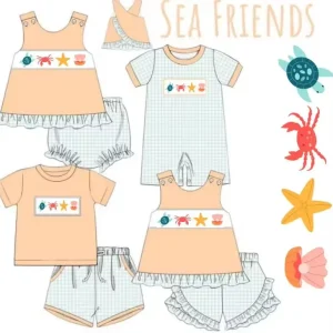 Boutique children's set stars crab shell print girls boys plaid pocket shorts