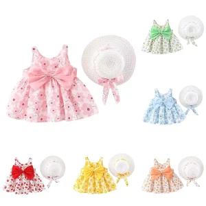 New Full Printed Camisole Skirt With Bow On The Chest, Skirt With Straw Hat