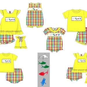 Boutique children's set pearl fish print shorts lace girls boys colorful plaid shorts set baby romper