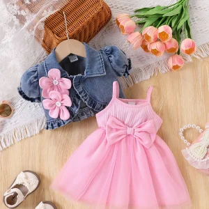 Baby Girl Denim Jacket + Pink Bow Tulle Skirt Set, Cute Floral Mix-And-Match Outfit for Party, Birthday, Photoshoot, and Everyday Wear