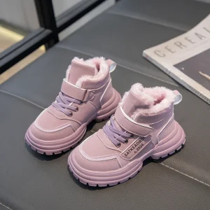 Boys Girls Sports Boots with Fur 2024 New Fashion Kids Ankle Boots Warm for Winter Sweet Students Short Boots Non-slip Soft Sole