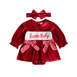 Girl Christmas Outfits Long Sleeve Outfits Sleeve-Bowknot-Romper Headband Christmas Outfits Long Sleeve Girl Christmas Outfits