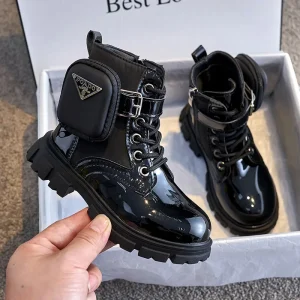 Kids Boots Fashion Patent Leather Girl Shoes British Style Ankle Boots Warm Plush Snow Boot Waterproof Non-slip Children's Shoes