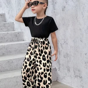 Girls 2-Piece Outfit – Black Short Sleeve T-Shirt & Leopard Print Wide Leg Pants